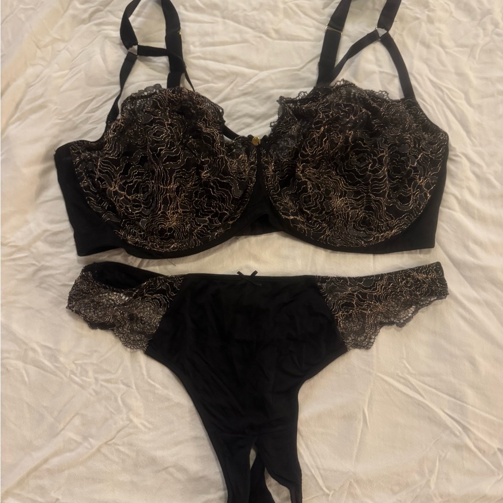 Cacique Black Bra and Panty Set with Gold Lace Embroidery